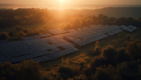 Sunset over solar power station fuels sustainable energy generation outdoors generated by artificial intelligenceの素材