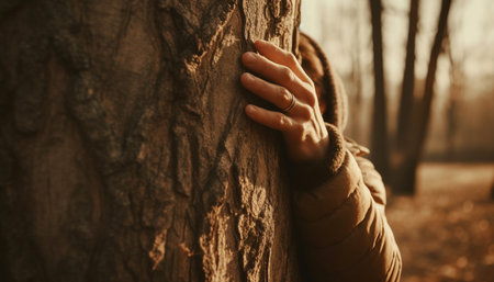 One man leaning on tree trunk, holding rope, enjoying solitude generated by artificial intelligenceの素材