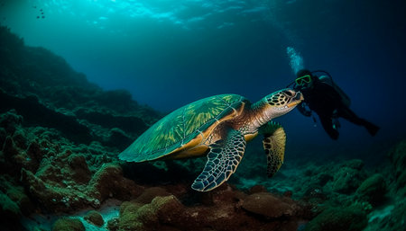 Swimming with sea turtles in the multi colored underwater paradise generated by artificial intelligenceの素材