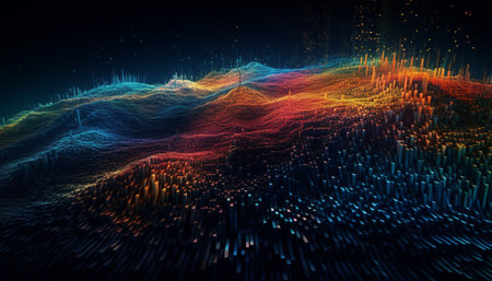 Abstract technology backdrop with multi colored glowing wave pattern generated by artificial intelligenceの素材