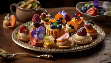 Indulgent berry dessert on rustic wood table with ornate decoration generated by artificial intelligenceの素材