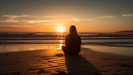 One person meditating on tranquil beach at sunrise, serene beauty generated by artificial intelligenceの素材