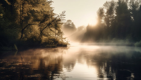 Tranquil autumn forest reflects natural beauty in serene wilderness area generated by artificial intelligenceの素材
