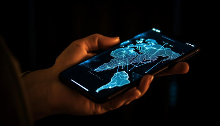 Global businessman holding smart phone, touching map for travel communication generated by artificial intelligenceの素材