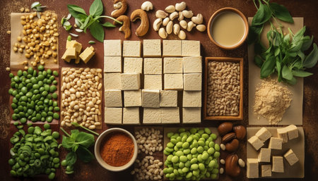 Healthy eating a variety of organic ingredients on rustic table generated by artificial intelligenceの素材