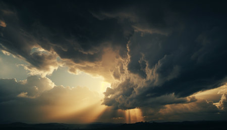 Vibrant sunset over mountain creates dramatic sky in tranquil scene generated by artificial intelligenceの素材