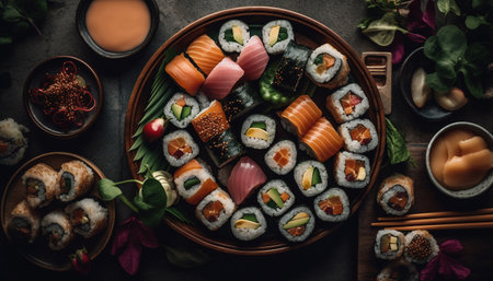 Healthy eating with fresh seafood and gourmet maki sushi plate generated by artificial intelligenceの素材