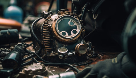 Old fashioned motorcycle engine repair in a metallic auto repair shop generated by artificial intelligenceの素材