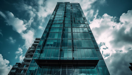 Futuristic skyscraper reflects blue sky in modern cityscape at dusk generated by artificial intelligenceの素材