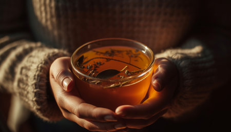 One person holding hot drink, enjoying warmth and relaxation outdoors generated by artificial intelligenceの素材