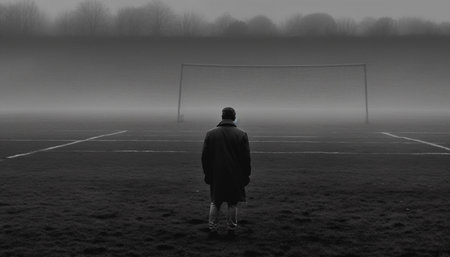 One silhouette standing in fog, playing soccer in winter weather generated by artificial intelligenceの素材