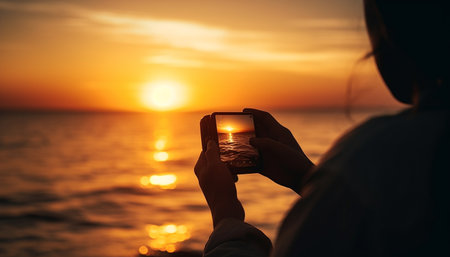 Romantic silhouette captures sunset love on tranquil beach vacation generated by artificial intelligenceの素材