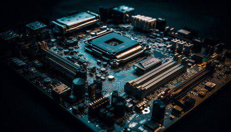 Complexity of computer chip circuit board on blue silicone background generated by artificial intelligenceの素材