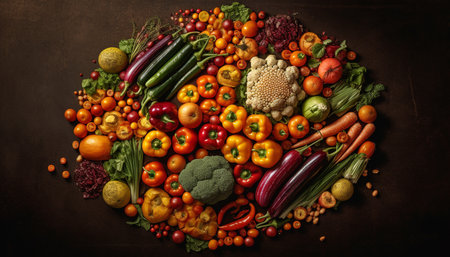 Healthy eating with fresh organic vegetables, fruits and multi colored salads generated by artificial intelligenceの素材