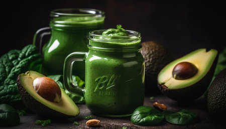 Fresh organic guacamole and vegetable bowl, a healthy gourmet snack generated by artificial intelligenceの素材