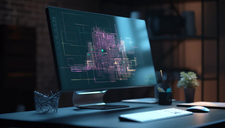 Modern office desk with computer monitor, keyboard, and chart data generated by artificial intelligenceの素材
