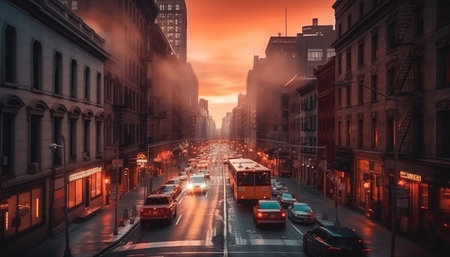 City skyline glows with traffic, blurred motion and illuminated buildings generated by artificial intelligenceの素材