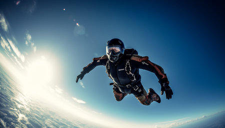 Adventurous athlete flying through blue skies in extreme sports pursuit generated by artificial intelligenceの素材