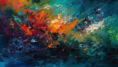 Vibrant colors and chaotic brush strokes create a modern abstract generated by artificial intelligenceの素材