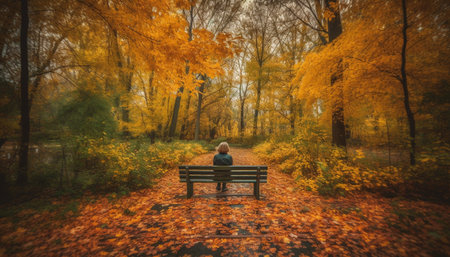 One person sitting on bench, enjoying autumn tranquil beauty generated by artificial intelligenceの素材
