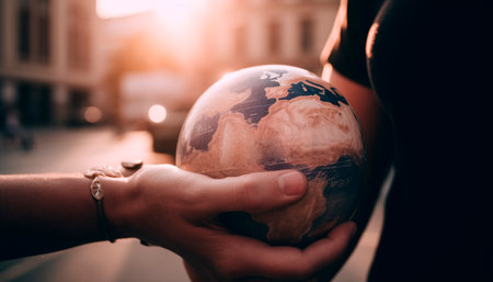 One person holding planet earth, symbolizing global environmental conservation generated by artificial intelligenceの素材
