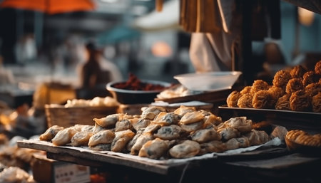Fresh street food basket a variation of East Asian cultures generated by artificial intelligenceの素材