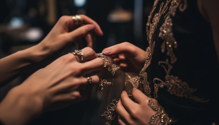 Newlywed couple holding hands, showcasing wedding jewelry and elegance generated by artificial intelligenceの素材