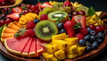 Fresh fruit salad with a variety of colorful, juicy berries generated by artificial intelligenceの素材
