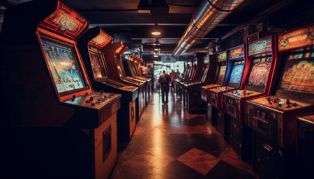 Luxury casino nightclub with modern machinery and illuminated slot machines generated by artificial intelligenceの素材
