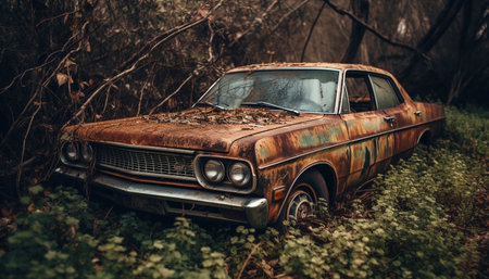 old car abandoned in the weeds scene generated by artificial intelligenceの素材