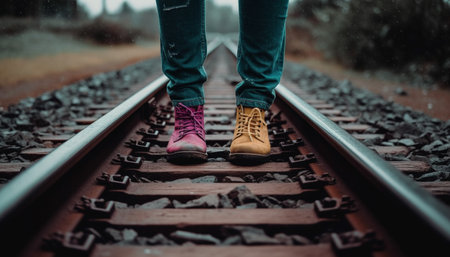 Walking men on railroad track, one person journey towards adventure generated by artificial intelligenceの素材