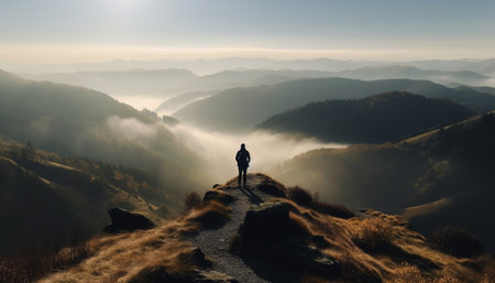 One person hiking mountain peak, surrounded by nature beauty generated by artificial intelligenceの素材