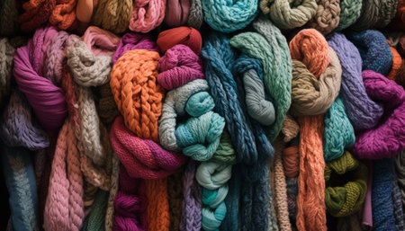 Vibrant multi colored wool spool heap, perfect for creative knitting designs generated by artificial intelligenceの素材