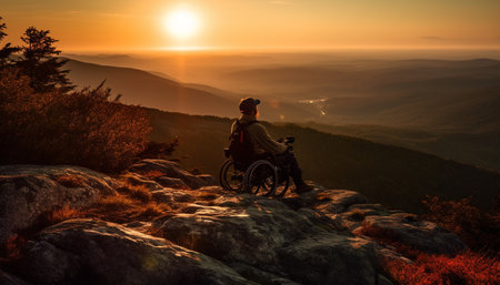 Mountain biking adventure men conquer peak, explore nature landscape generated by artificial intelligenceの素材