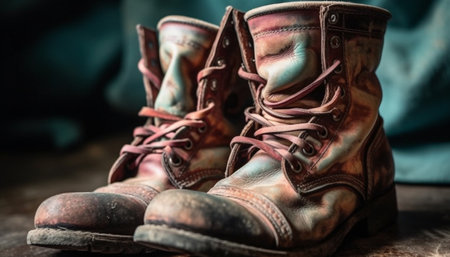 Old leather hiking boots, worn by army men in nature generated by artificial intelligenceの素材