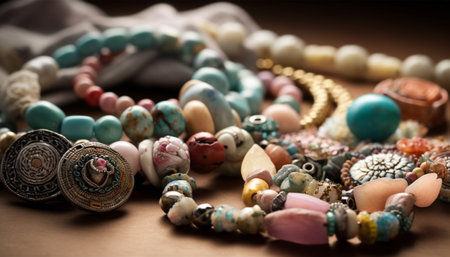 Multi colored bead necklace, a shiny personal accessory for elegance generated by artificial intelligenceの素材