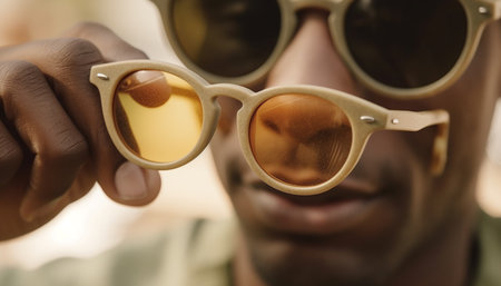 A stylish young adult wearing sunglasses smiles for the camera generated by artificial intelligenceの素材