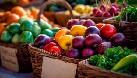 Fresh organic fruits and vegetables in a wicker basket for sale generated by artificial intelligenceの素材