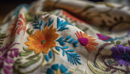 Vibrant floral pattern on homemade woolen cushion with ornate embroidery generated by artificial intelligenceの素材