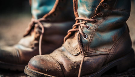 Old leather hiking boots, undone shoelace, stained from muddy adventure generated by artificial intelligenceの素材