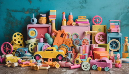 Child playing with multi colored toy car on wooden background generated by artificial intelligenceの素材