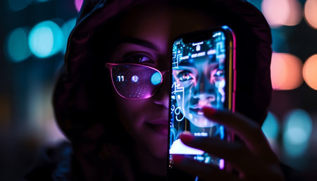 Young adults working on futuristic technology in illuminated dark room generated by artificial intelligenceの素材