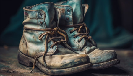 Old leather hiking boot, undone shoelace, stained and weathered generated by artificial intelligenceの素材