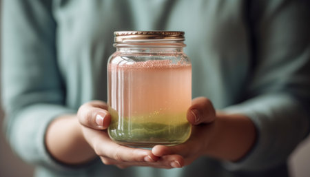 One person holding glass jar of fresh organic fruit drink generated by artificial intelligenceの素材
