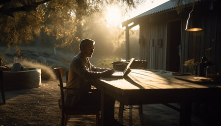 One man sitting at a table working on laptop outdoors generated by artificial intelligenceの素材