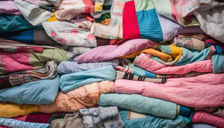 Vibrant textile collection in store showcases fashion variation and abundance generated by artificial intelligenceの素材