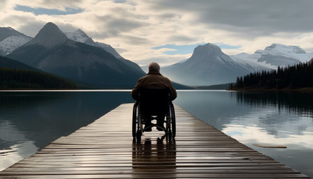 One person sitting on jetty, reflecting on tranquil mountain landscape generated by artificial intelligenceの素材