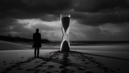 Silhouette of businessman standing on coastline watching sunset in solitude generated by artificial intelligenceの素材