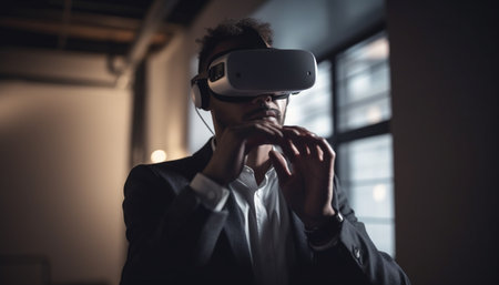 The businessman, an expert in wireless technology, uses virtual reality generated by artificial intelligenceの素材