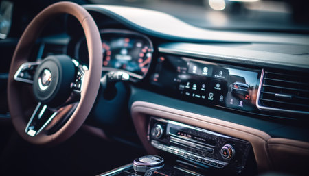 Luxury car dashboard with modern technology and illuminated chrome equipment generated by artificial intelligenceの素材